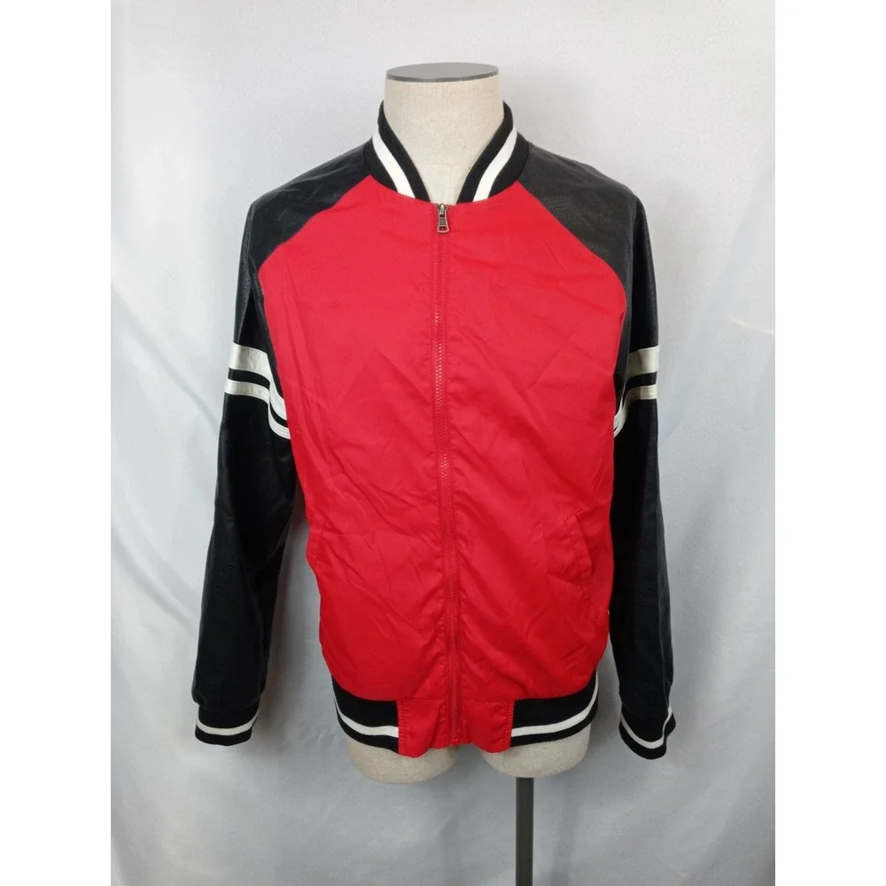 Mens Bomber Jacket sz Large Red Black Faux Leather Sleeve Varsity Full Zip Lined
